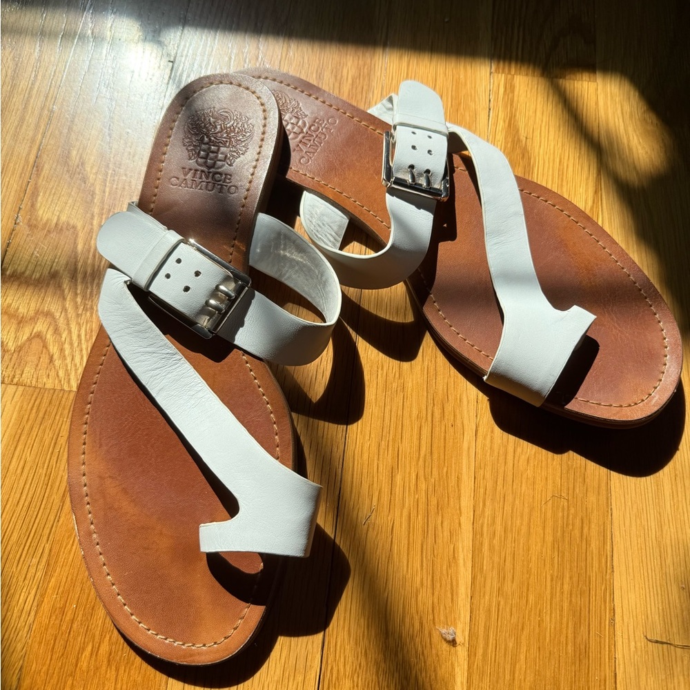 Vince Camuto White and Brown Leather Sandals